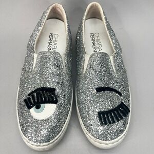 Chiara Ferragni Womens 38 8 Wink Eye Glitter Slip On Sneaker Shoe Casual Trainer